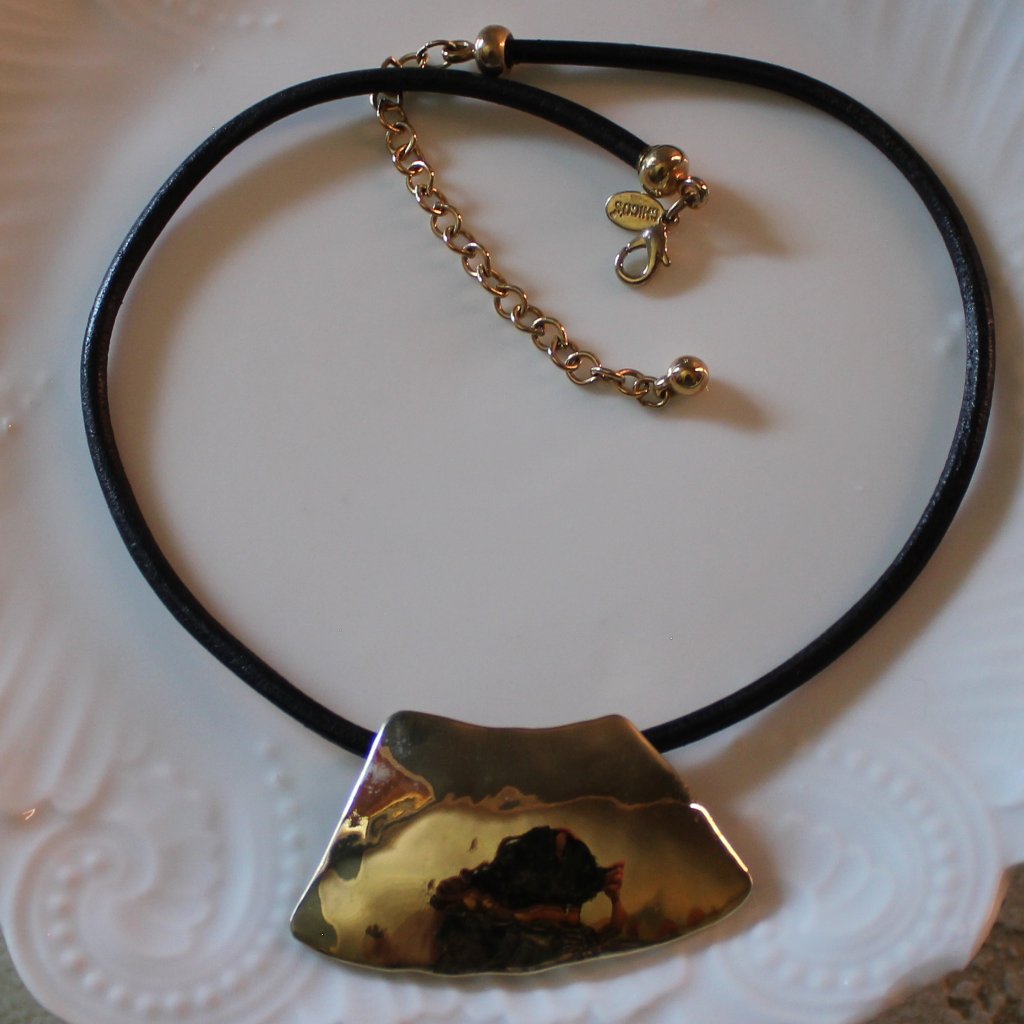 Chico's Black Leather Cord Gold Tone Hammered Angular Design Pendant Necklace